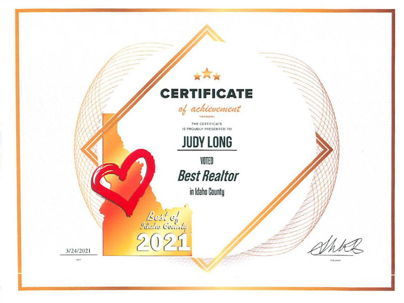 2021 Judy Long awarded certificate for Best Realtor in Idaho County